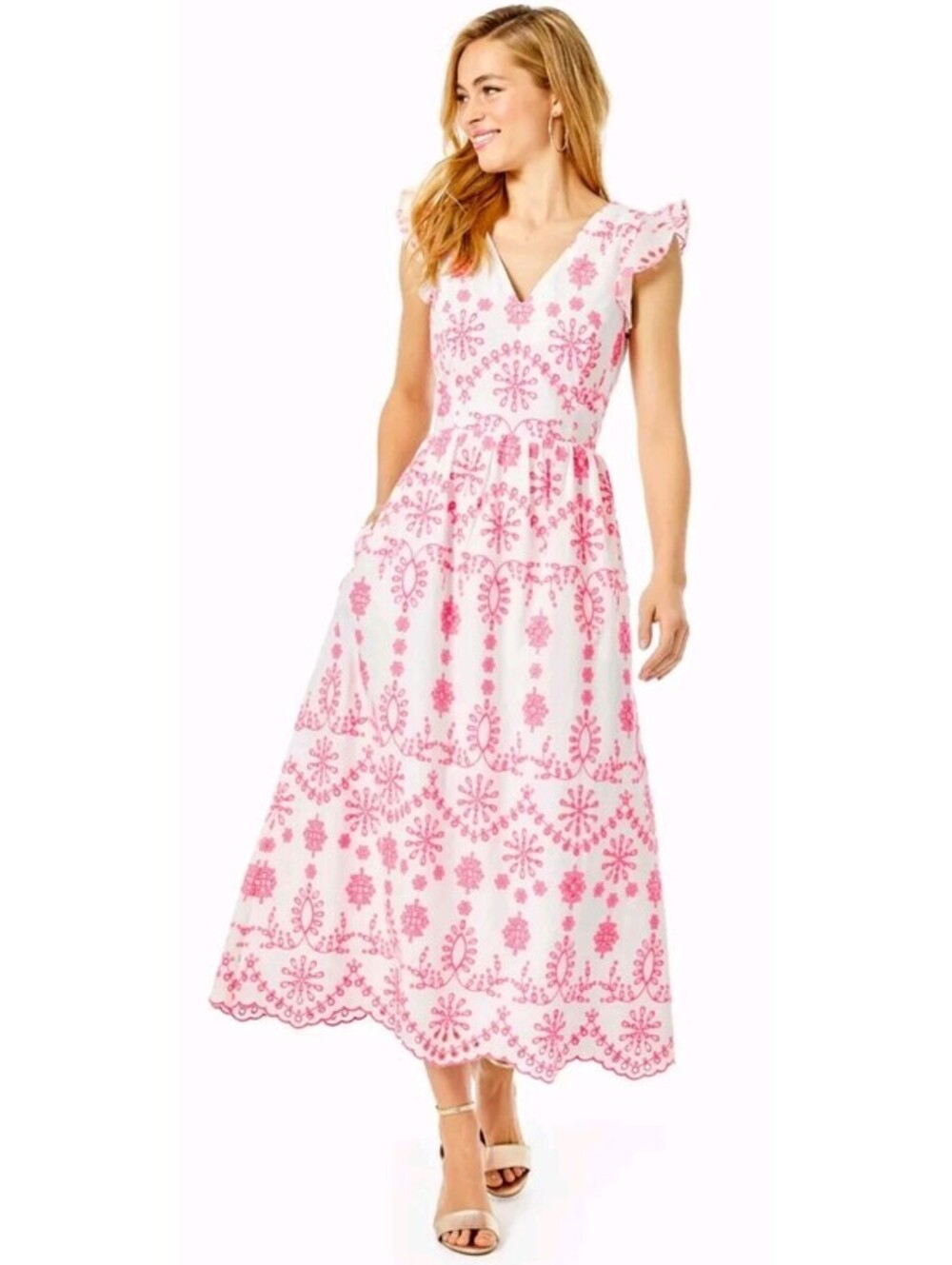 Lilly Pulitzer Size 4 Lillyanne Midi Dress Karmic Coral Neon Cotton Eyelet Dress